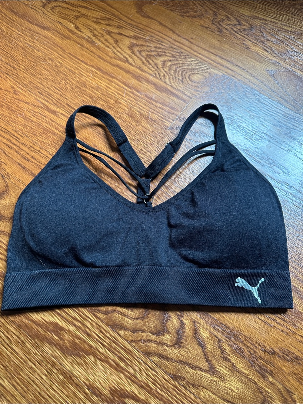 Puma Black V‑Neck Strappy Sports Bra with Logo